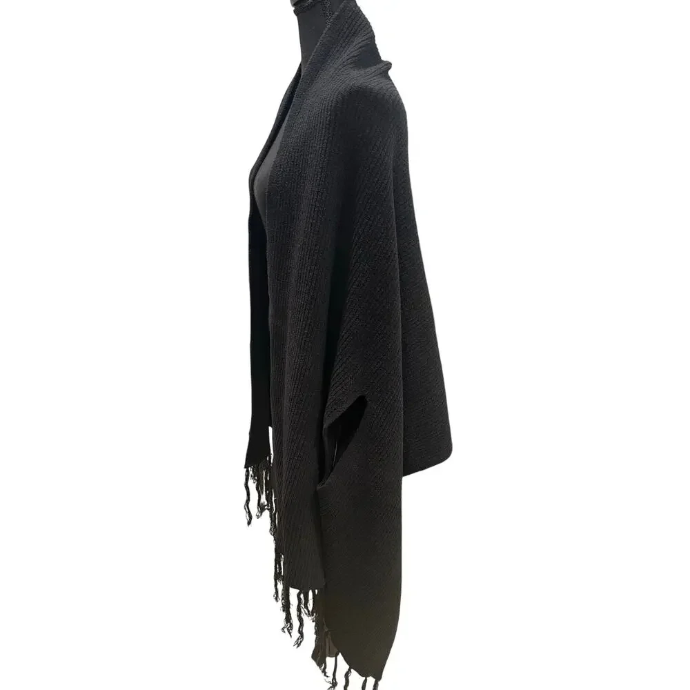 Nature EUC Black Ribbed Knit Fringe Poncho Wrap Arm Holes 70